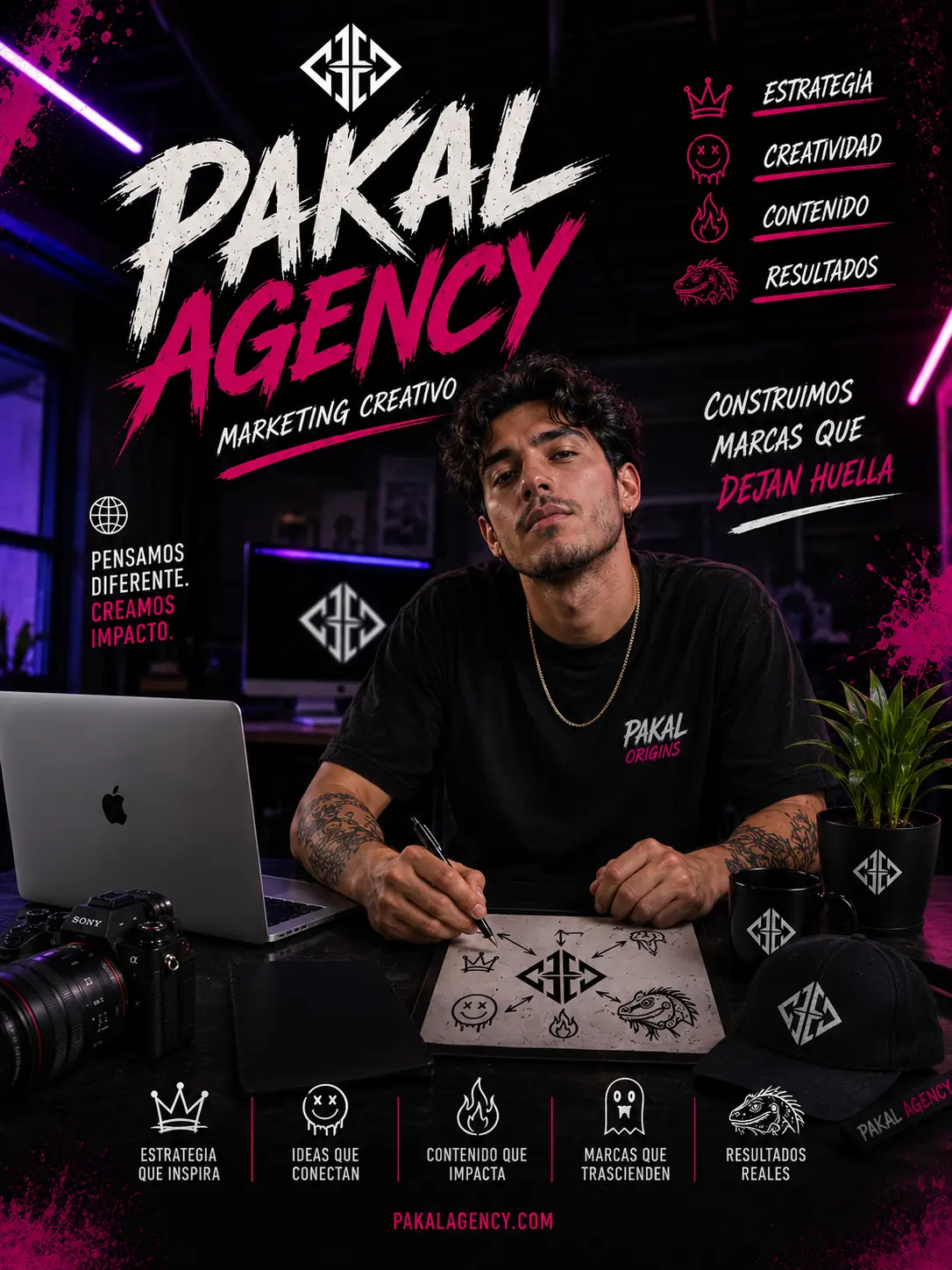Pakal Agency poster: a person sketching the brand's shield in a studio, surrounded by a camera, a laptop and a notebook, under the headline «Pakal Agency · Marketing creativo»