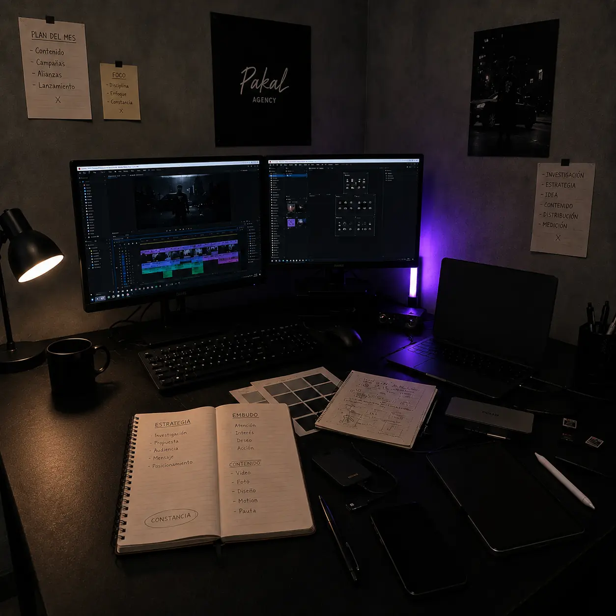 A studio desk at night: two monitors running a video edit and a photo session, notebooks with the strategy and funnel written by hand, and plan and process notes pinned to the wall